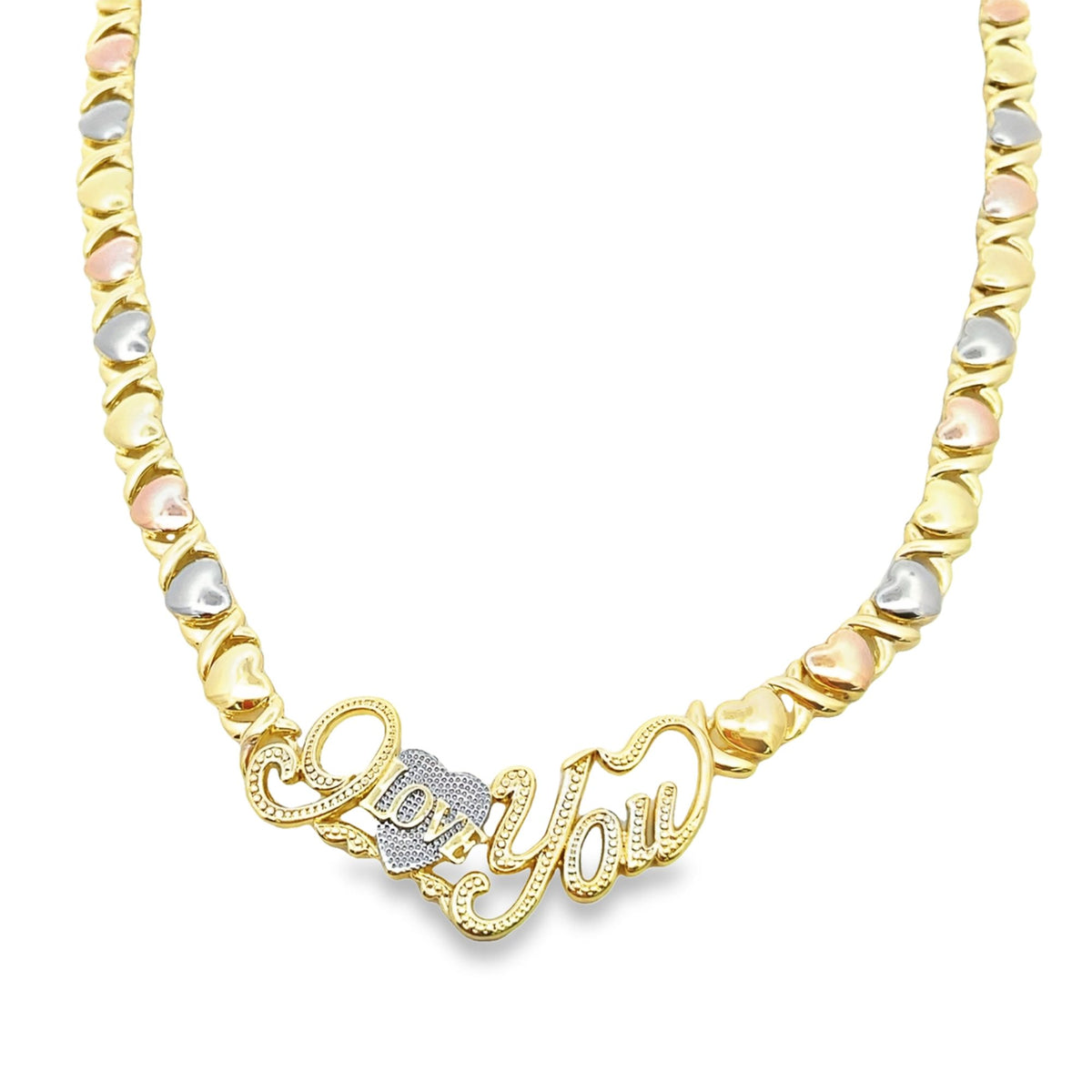 A tri-color gold "I Love You" necklace features alternating yellow, white, and rose gold links with a diamond-cut heart pendant.