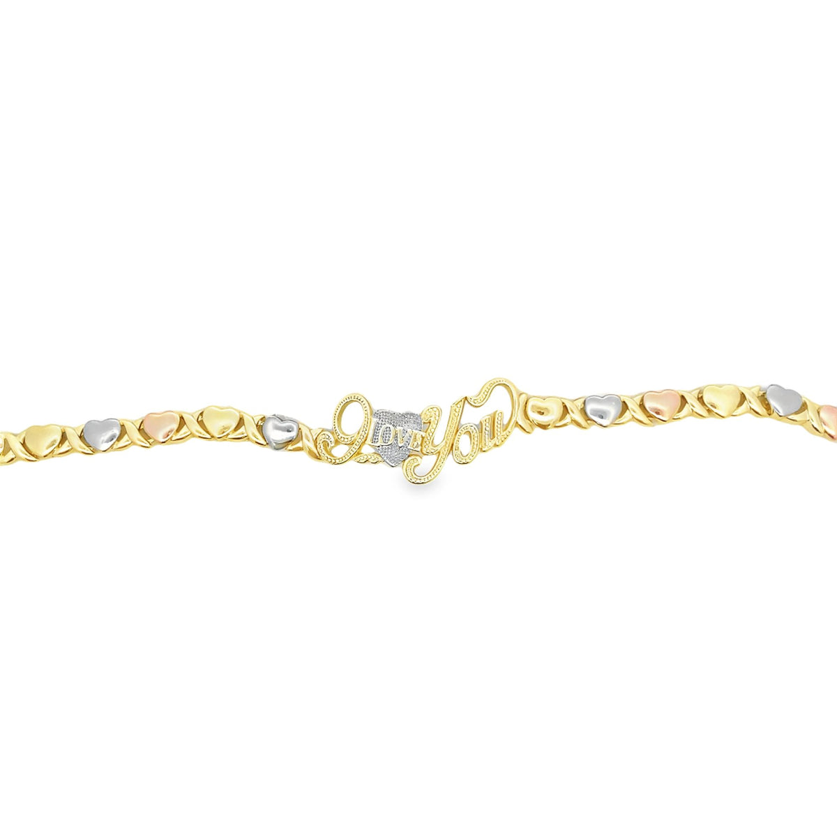 A tri-color gold "I Love You" charm bracelet features alternating X links and multi-toned heart charms.