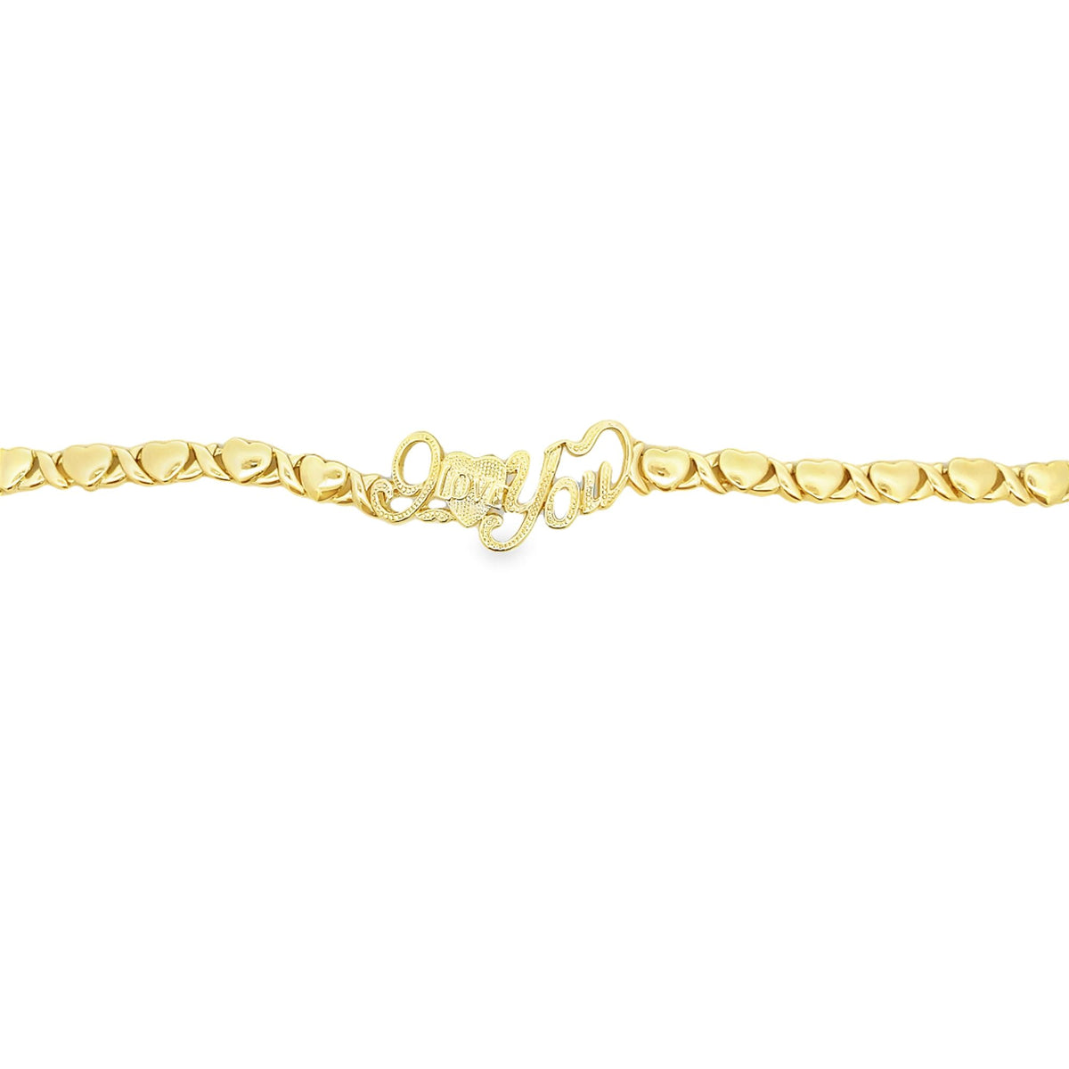 A yellow gold "I Love You" tennis bracelet features alternating heart and cross links against a clean white background.