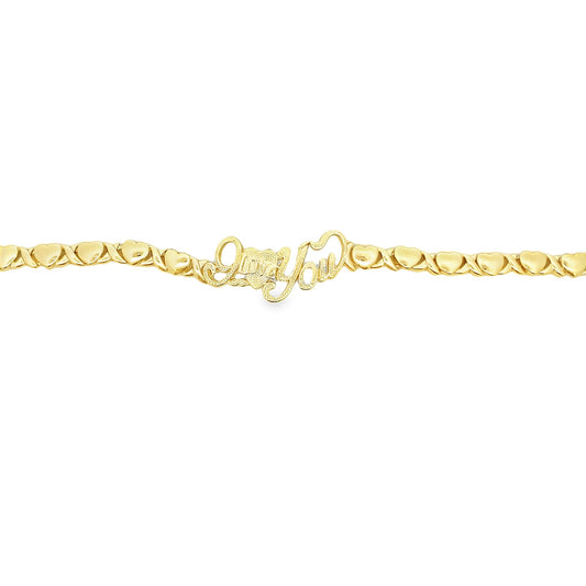 A yellow gold "I Love You" tennis bracelet features alternating heart and cross links against a clean white background.
