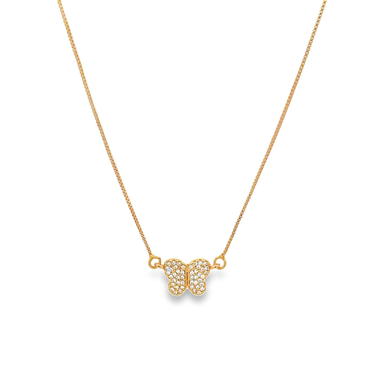 A delicate gold chain necklace features a sparkling diamond-paved butterfly pendant against a white background.
