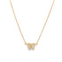 A delicate gold chain necklace features a sparkling diamond-paved butterfly pendant against a white background.