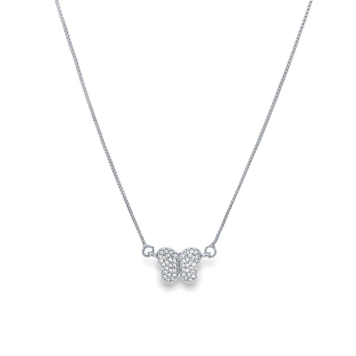 A delicate silver chain necklace features a sparkling pavé diamond butterfly pendant.