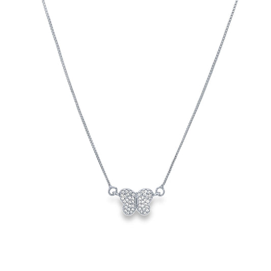 A delicate silver chain necklace features a sparkling pavé diamond butterfly pendant.