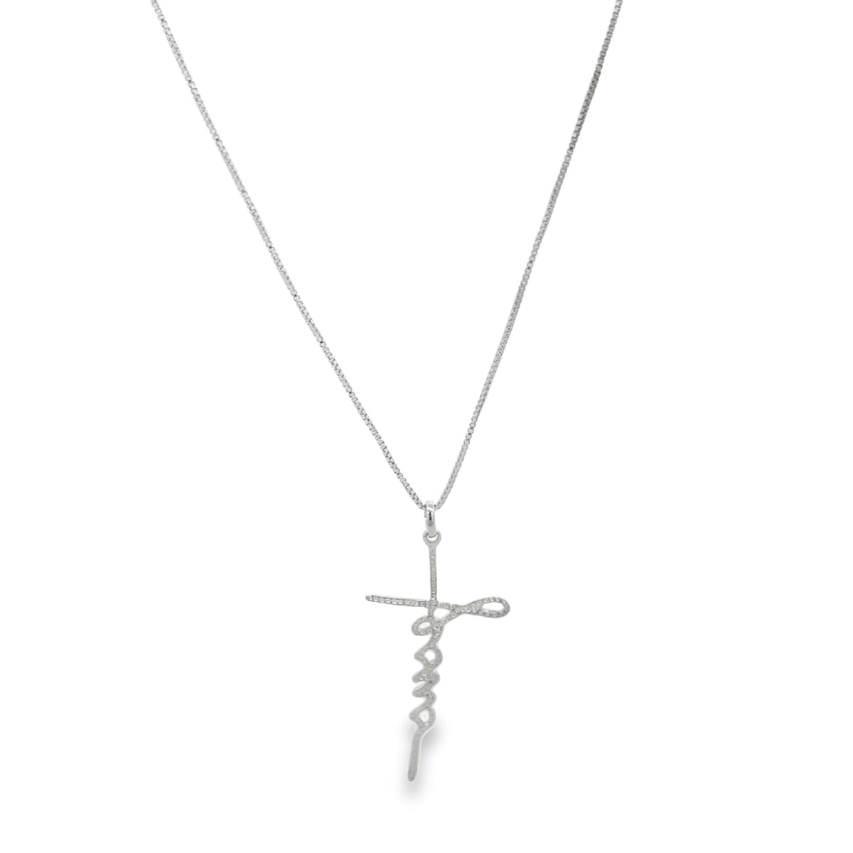 A delicate silver chain hangs against a plain white background, holding a unique cross pendant featuring the word "Faith" written in a cursive script.