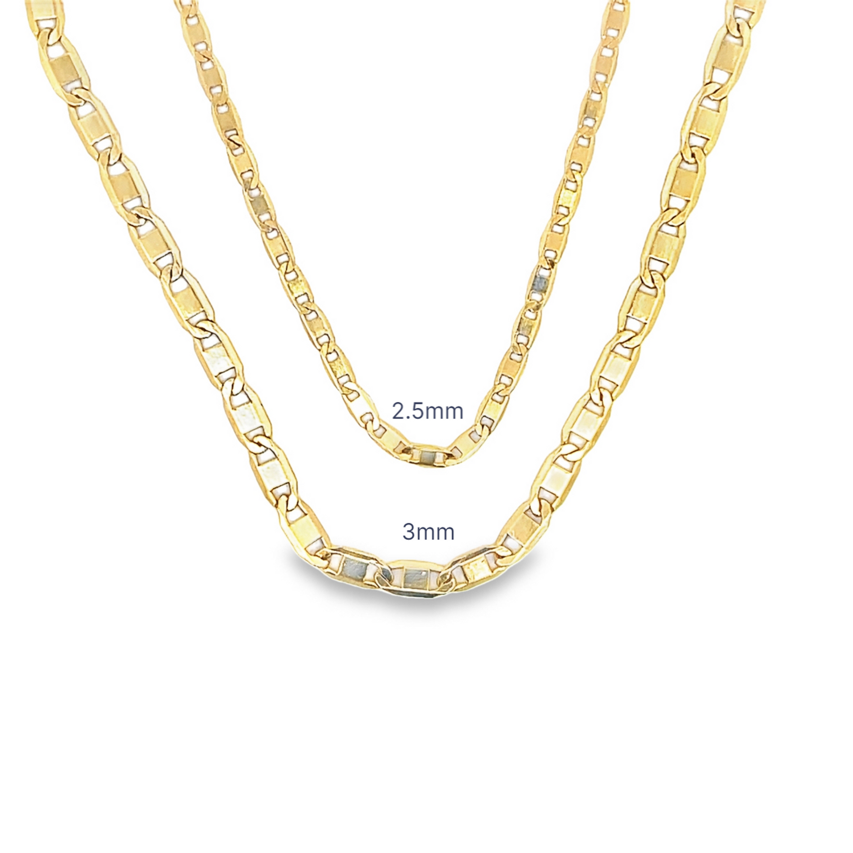 Two gold anchor chain necklaces in 2.5mm and 3mm widths display their interlocking links against a white background.