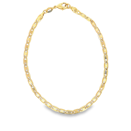 A delicate gold link chain necklace displays intricate square and elongated links against a clean white background.