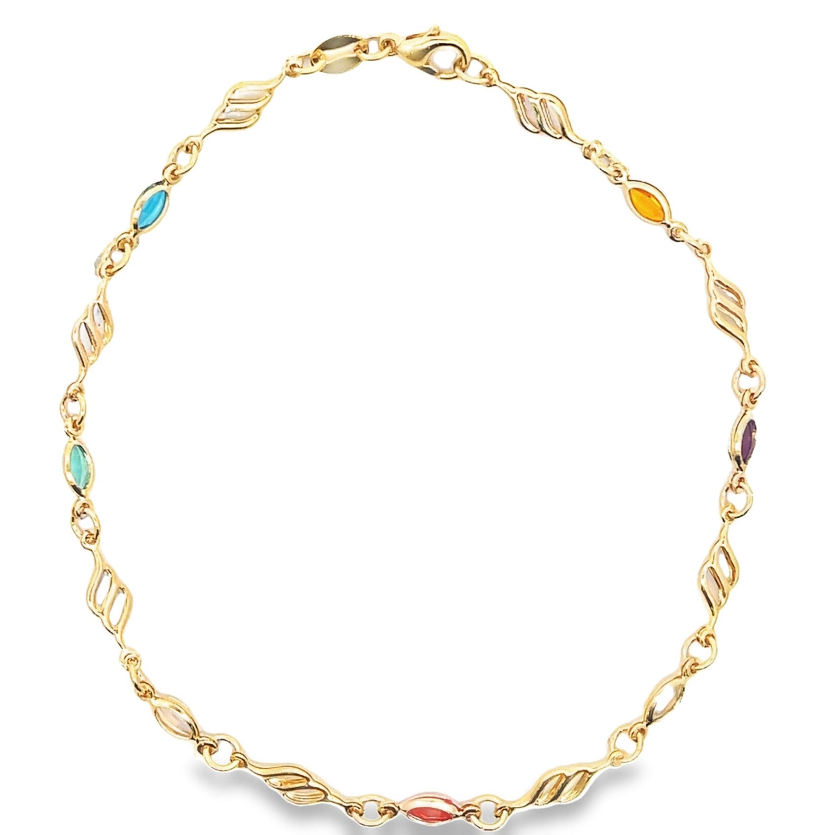 A delicate gold chain bracelet features an array of colorful marquise-cut gemstone accents interspersed throughout its intricate link design.
