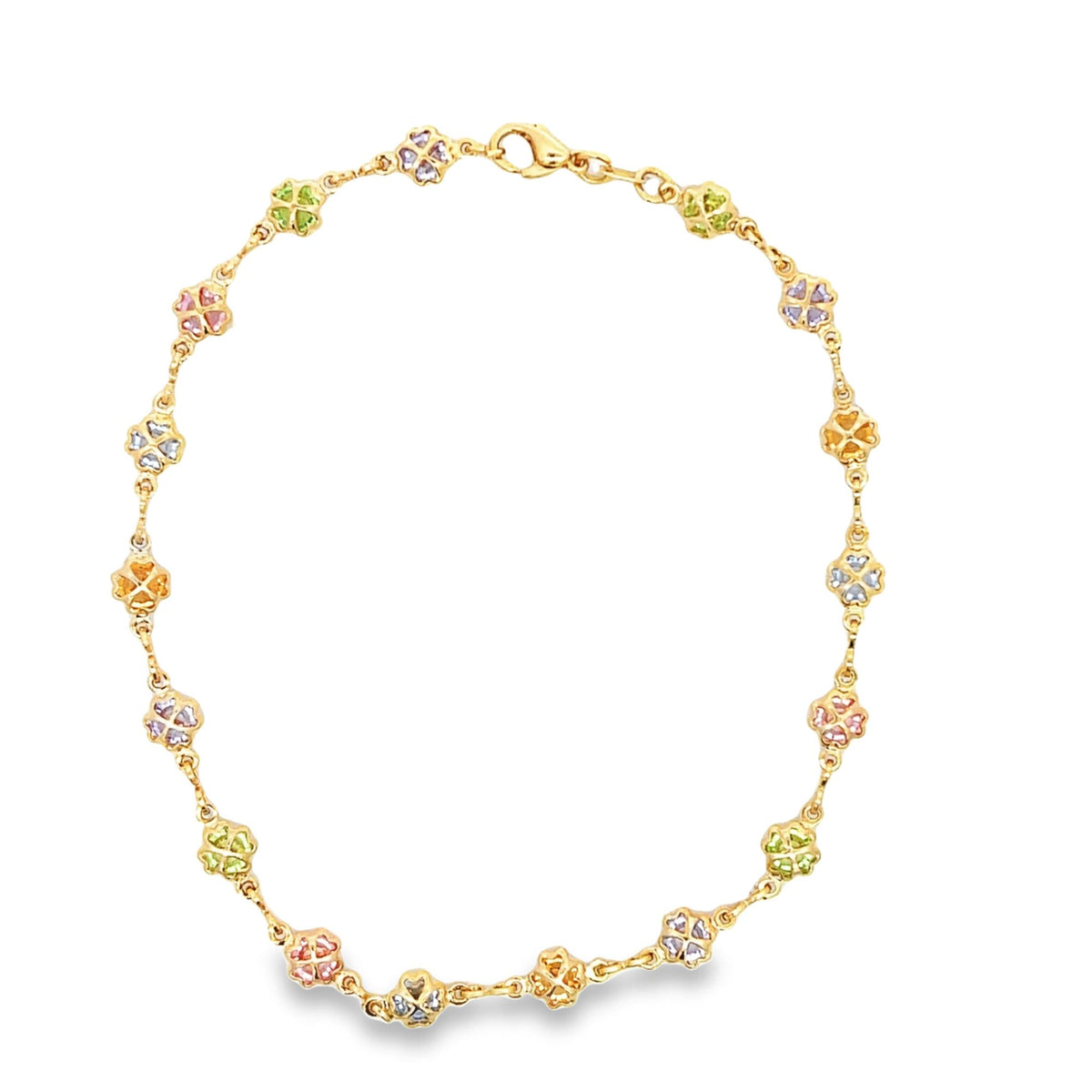 A delicate gold chain bracelet features multicolored gemstone flower stations arranged in a circle.