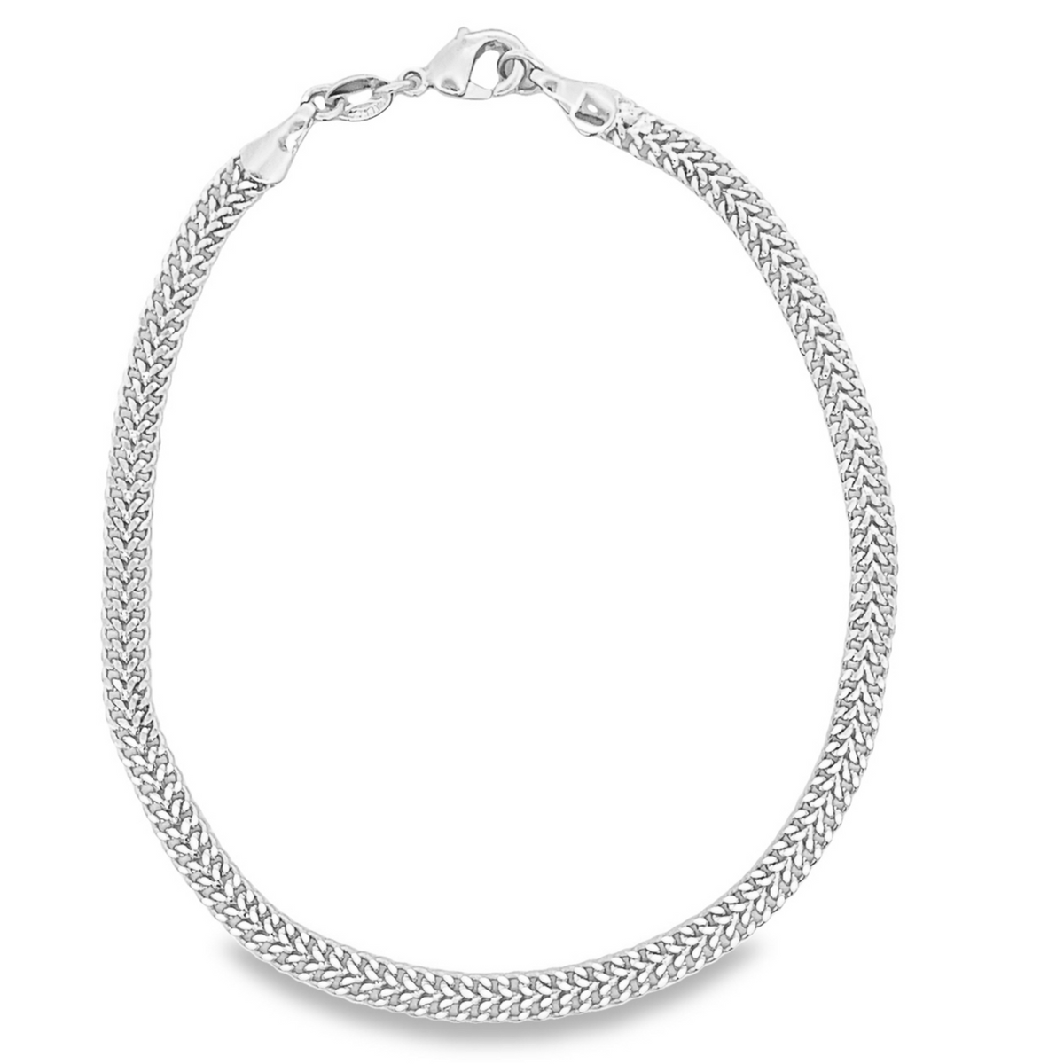 A gleaming sterling silver Franco chain necklace curves gracefully against a clean white background.