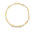 A delicate gold bracelet features alternating tic-tac-toe symbols and sparkling bezel-set diamonds arranged in a circle.