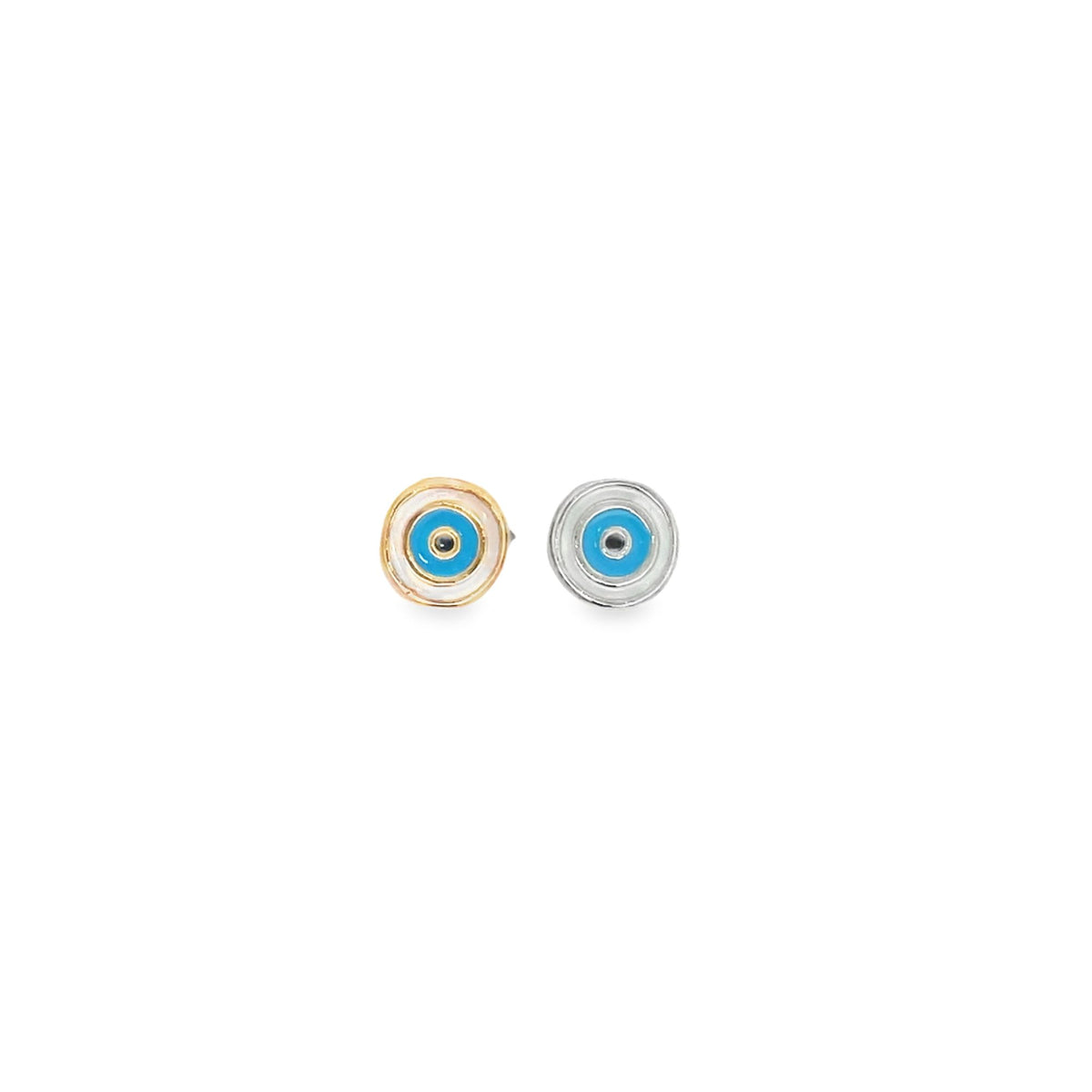 A pair of gold and silver stud earrings features vibrant blue and white enamel evil eye designs against a clean white background.