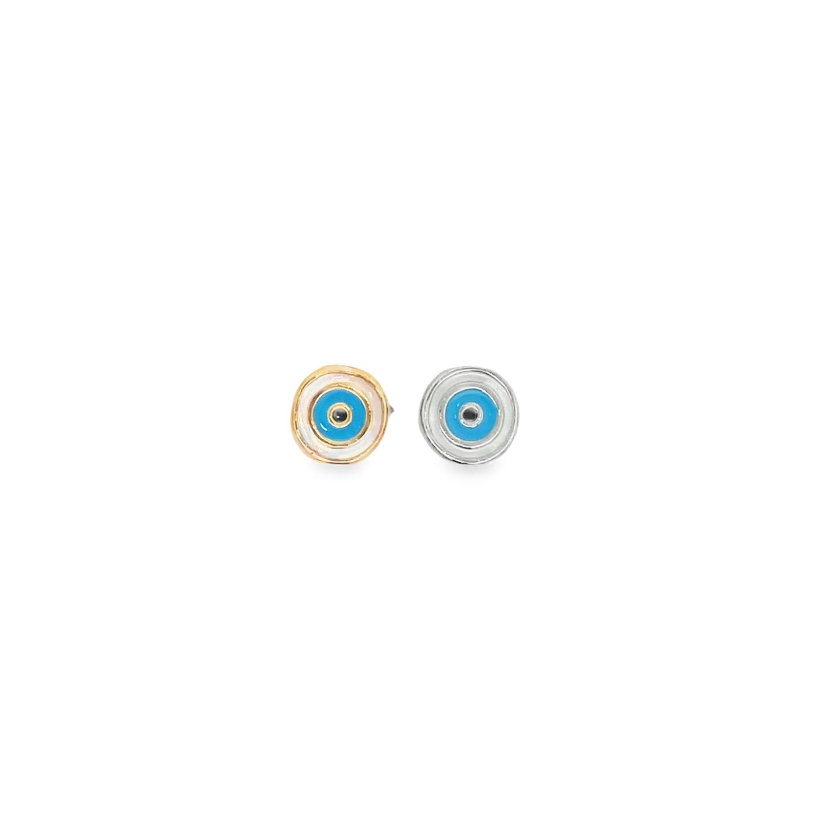 A pair of gold and silver stud earrings features vibrant blue and white enamel evil eye designs against a clean white background.