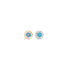 A pair of gold and silver stud earrings features vibrant blue and white enamel evil eye designs against a clean white background.