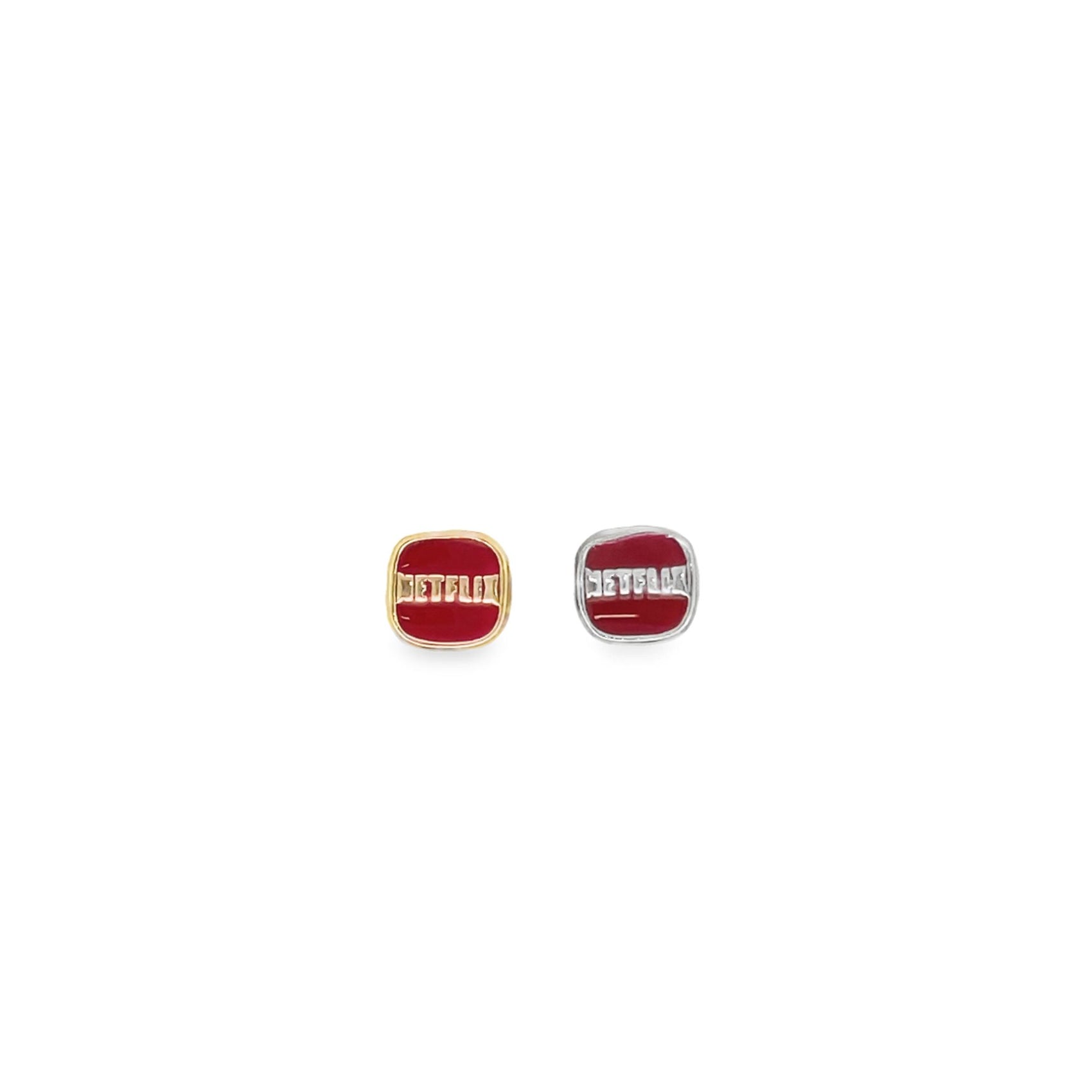A pair of square enamel stud earrings displays the red Netflix logo against a white background.