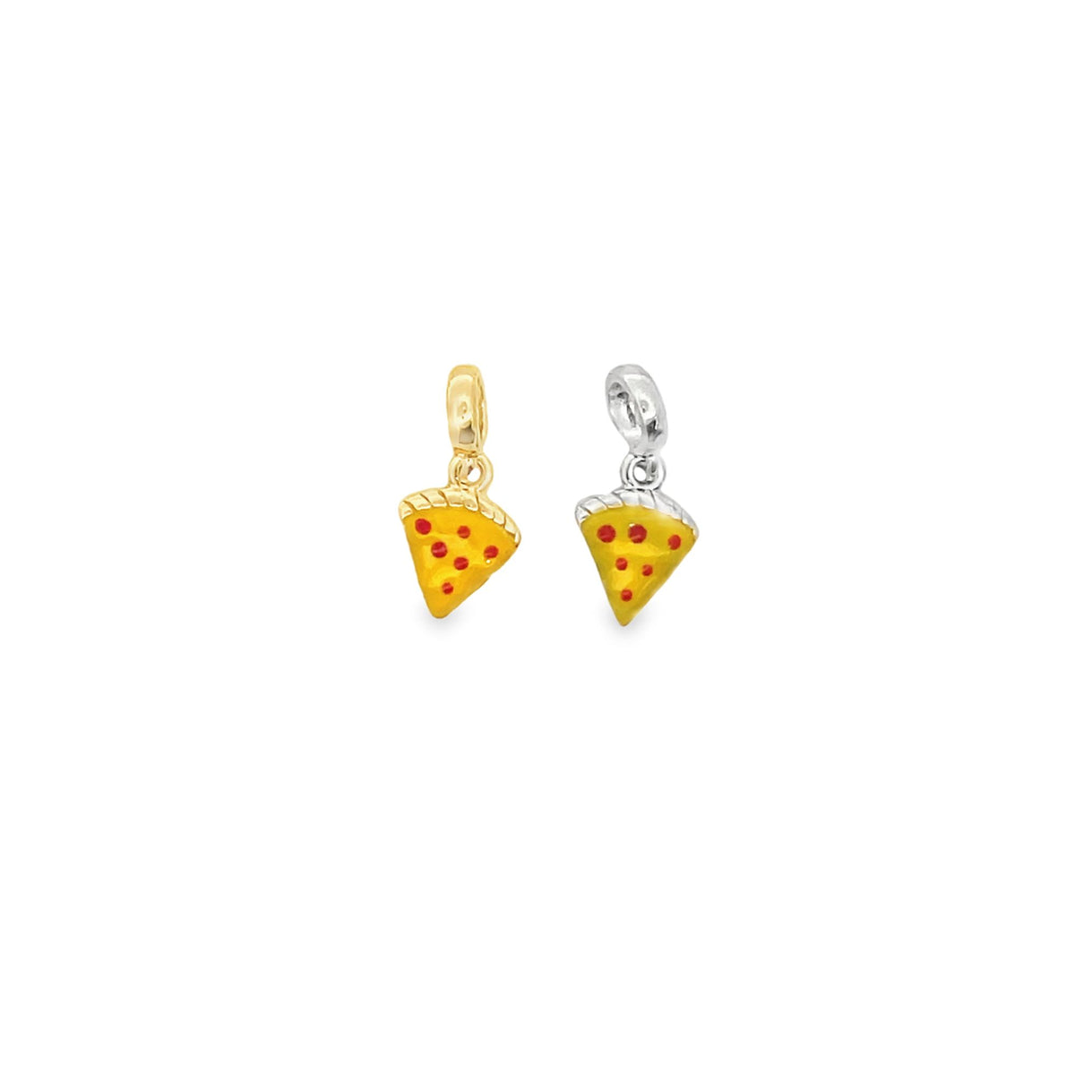A gold and a silver pizza slice charm earrings feature yellow enamel and red pepperoni details against a clean white background.