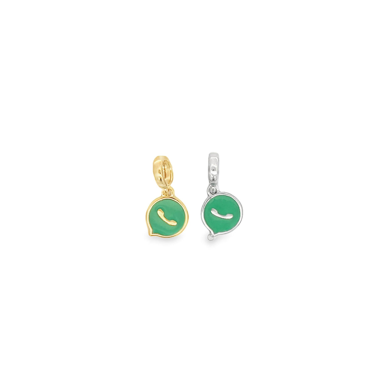 Two WhatsApp logo charms, one in gold and one in silver, rest side by side against a plain white background.