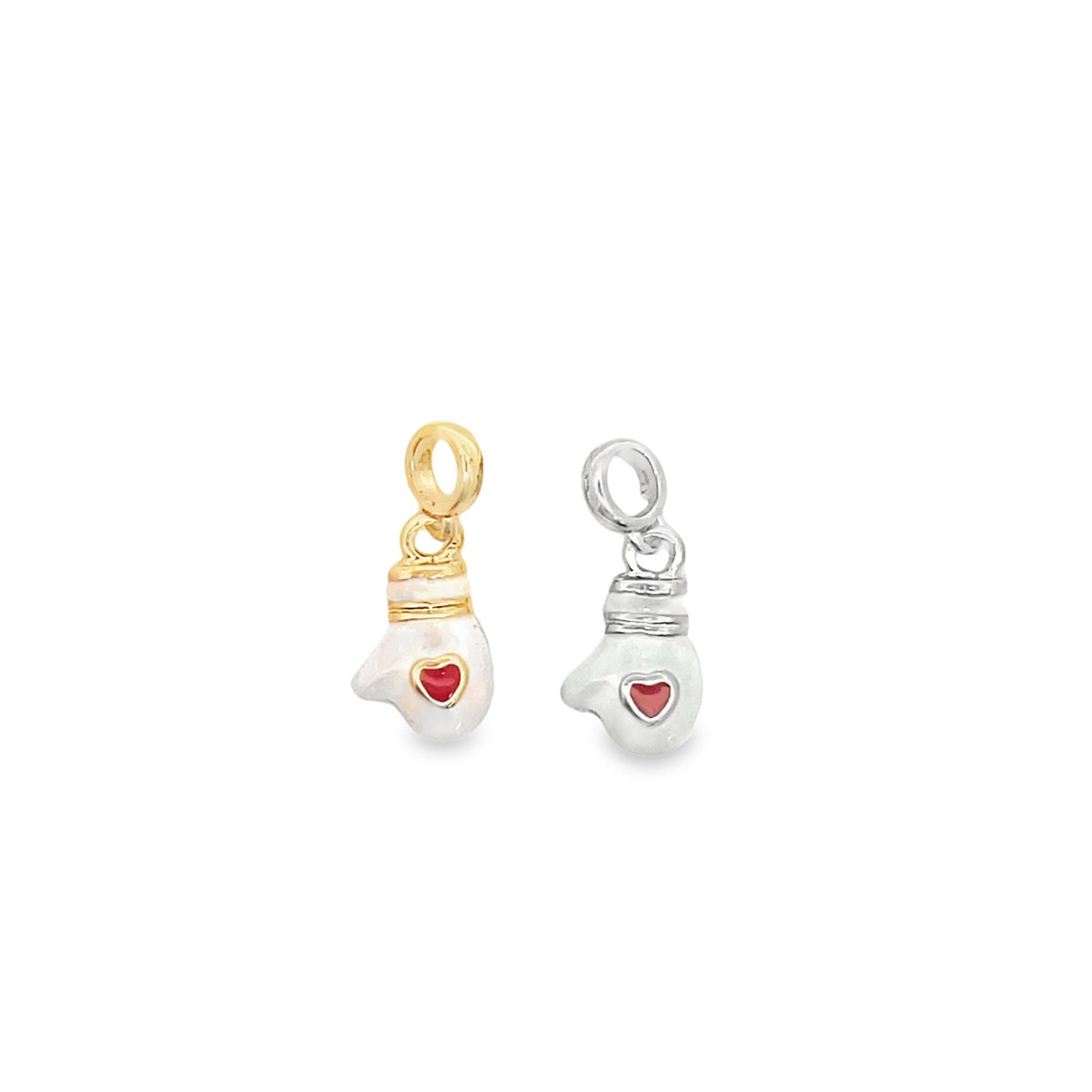 Two boxing glove charms featuring red heart details hang side by side, one in gold and one in silver.