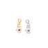 Two boxing glove charms featuring red heart details hang side by side, one in gold and one in silver.