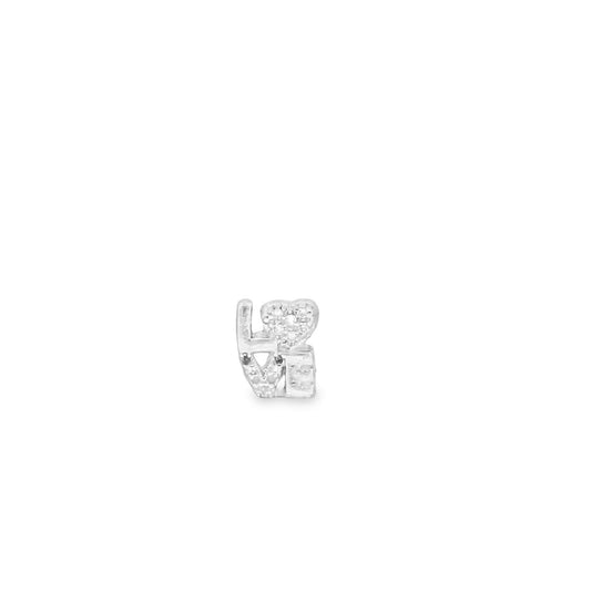 A silver "LOVE" pendant charm features a pavé-set diamond heart accentuating the top.