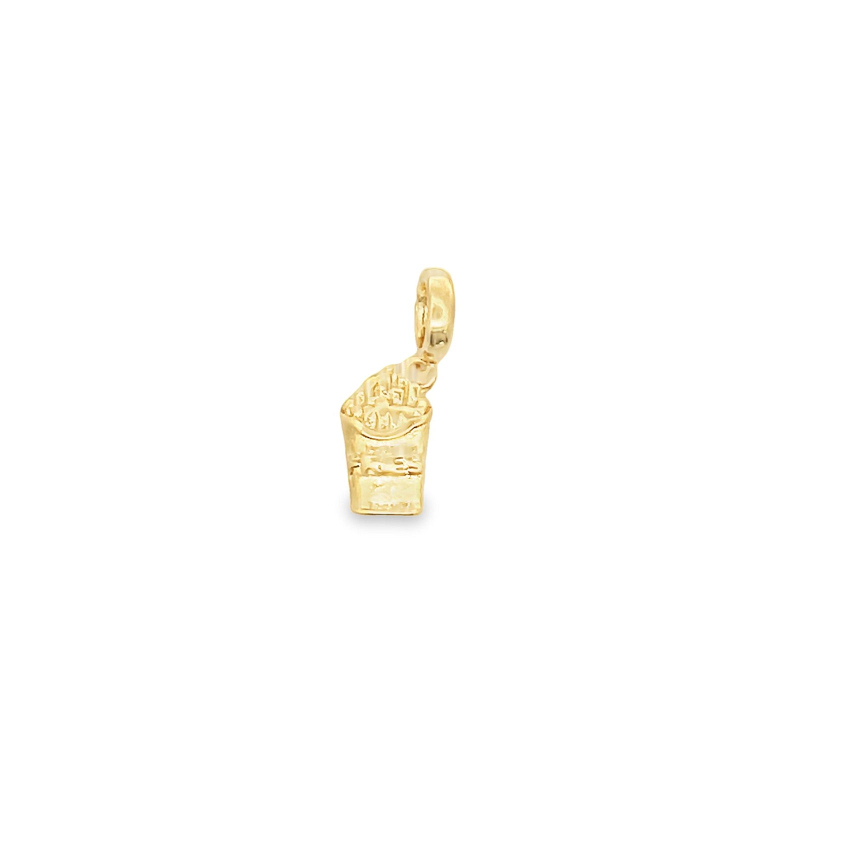 A gold french fry box pendant hangs against a clean white background.