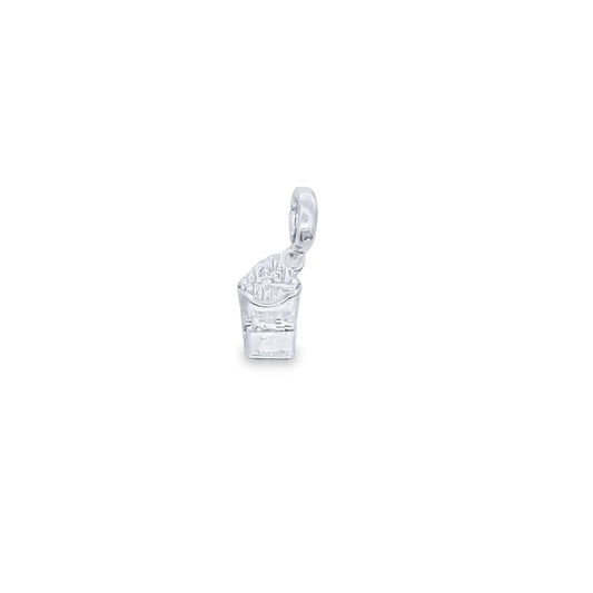 A shiny silver french fry charm displays intricate detailing on its container against a clean white background.