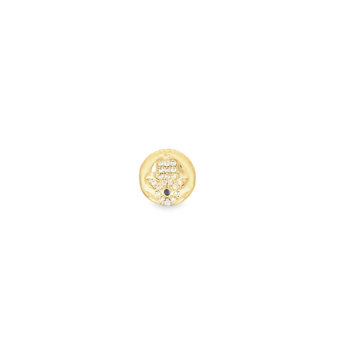 A delicate gold Hamsa hand stud earring sparkles with pavé diamonds and a central blue gemstone against a white background.