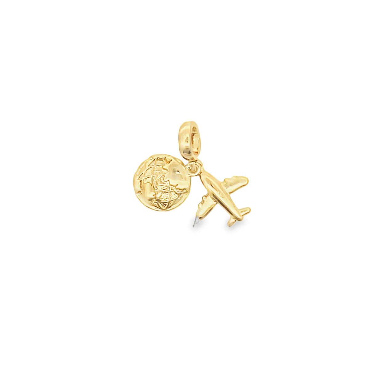 A polished gold travel charm features a detailed globe and a miniature airplane dangling together against a clean white background.