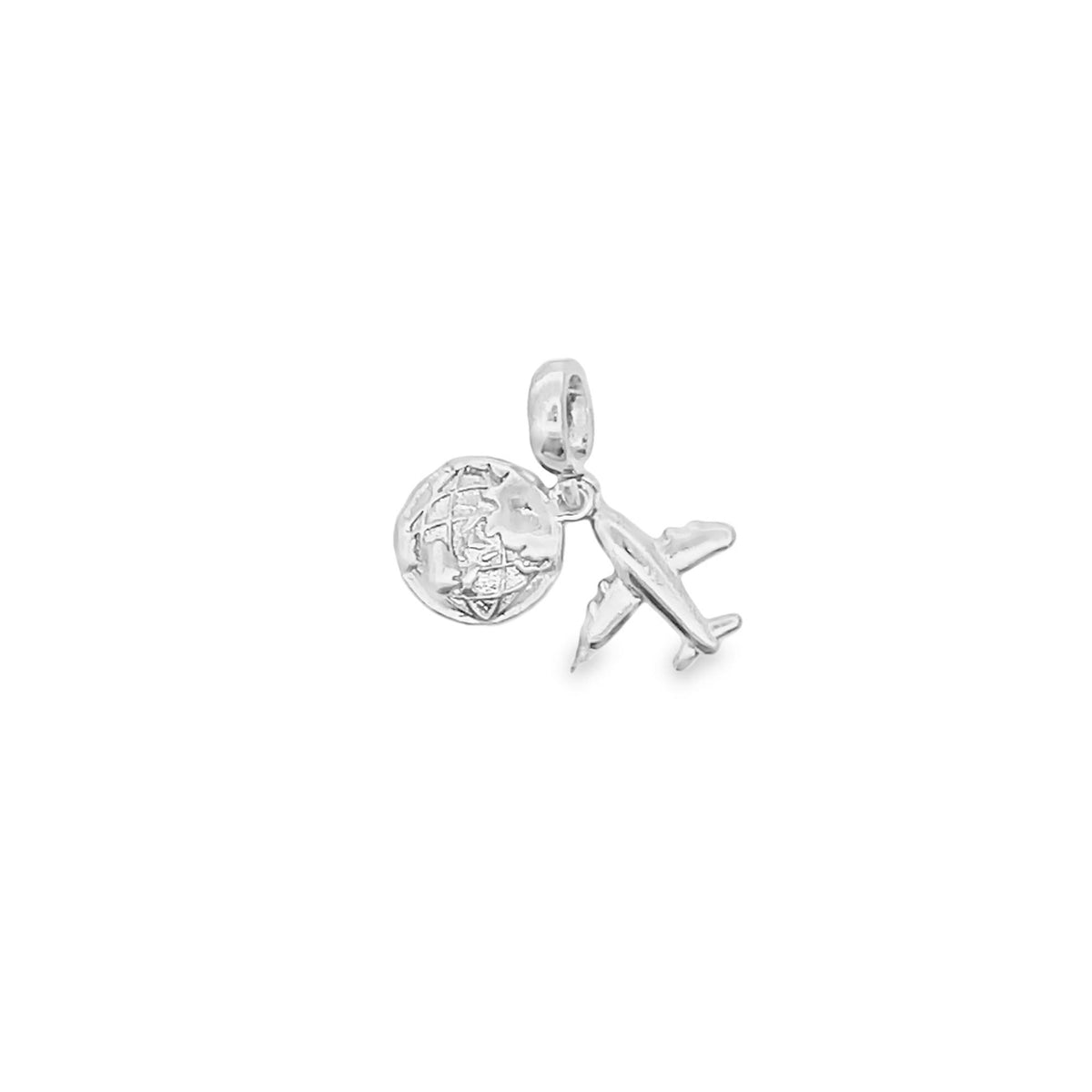 A sterling silver travel charm hangs delicately, featuring a detailed globe paired with a miniature airplane.