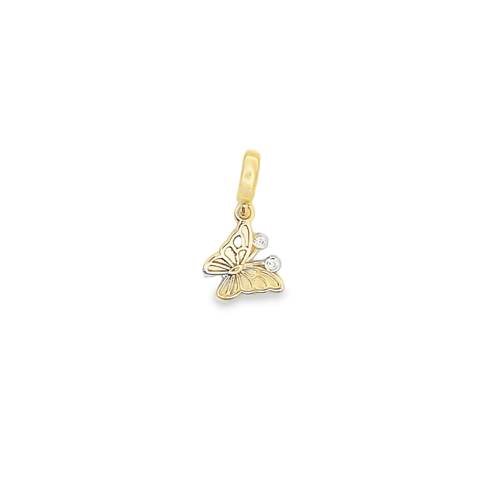 A delicate gold and silver butterfly pendant sparkles with small diamond accents against a white background.