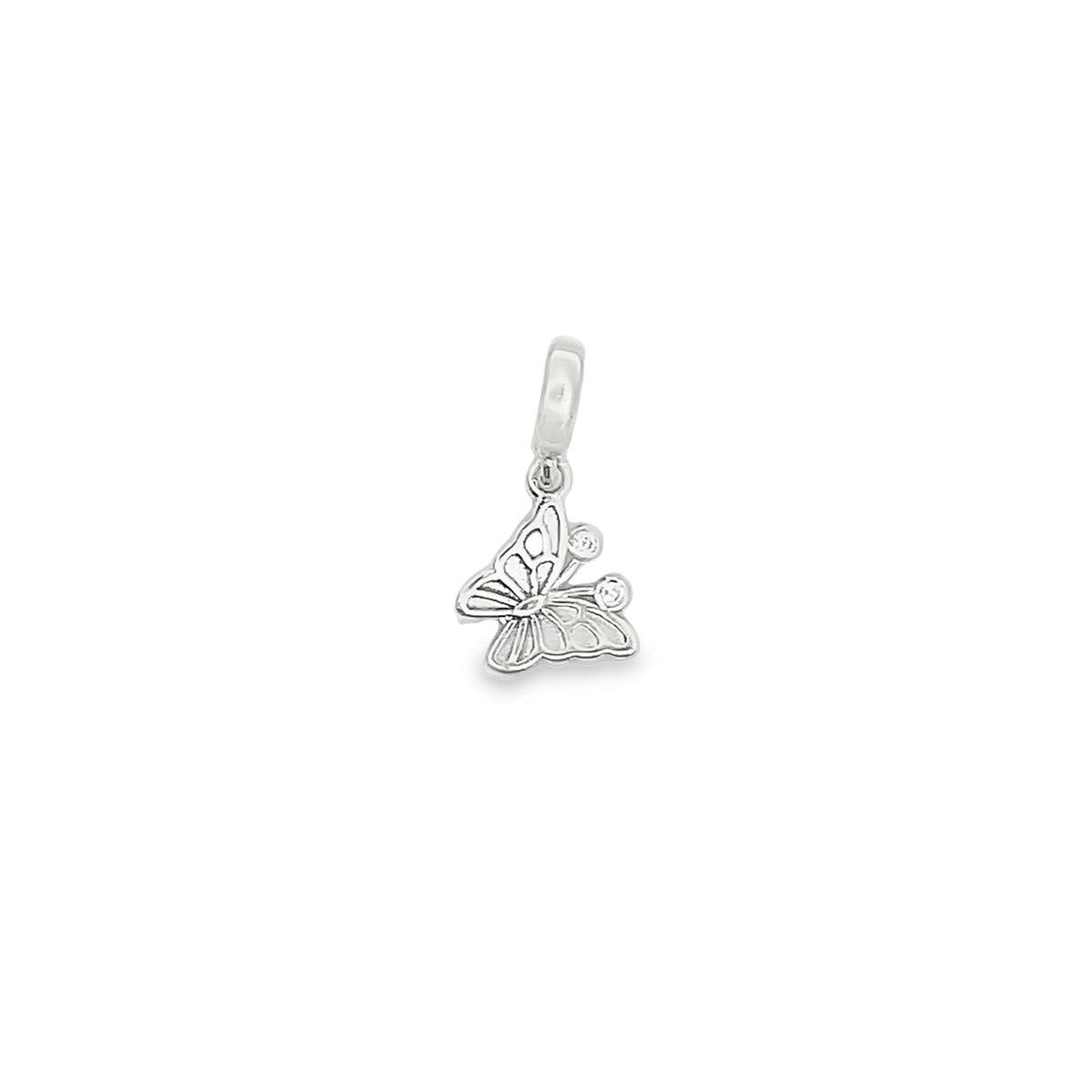 A delicate silver butterfly charm features sparkling gemstone accents on its wings.