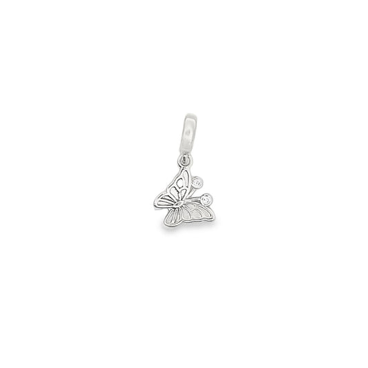 A delicate silver butterfly charm features sparkling gemstone accents on its wings.