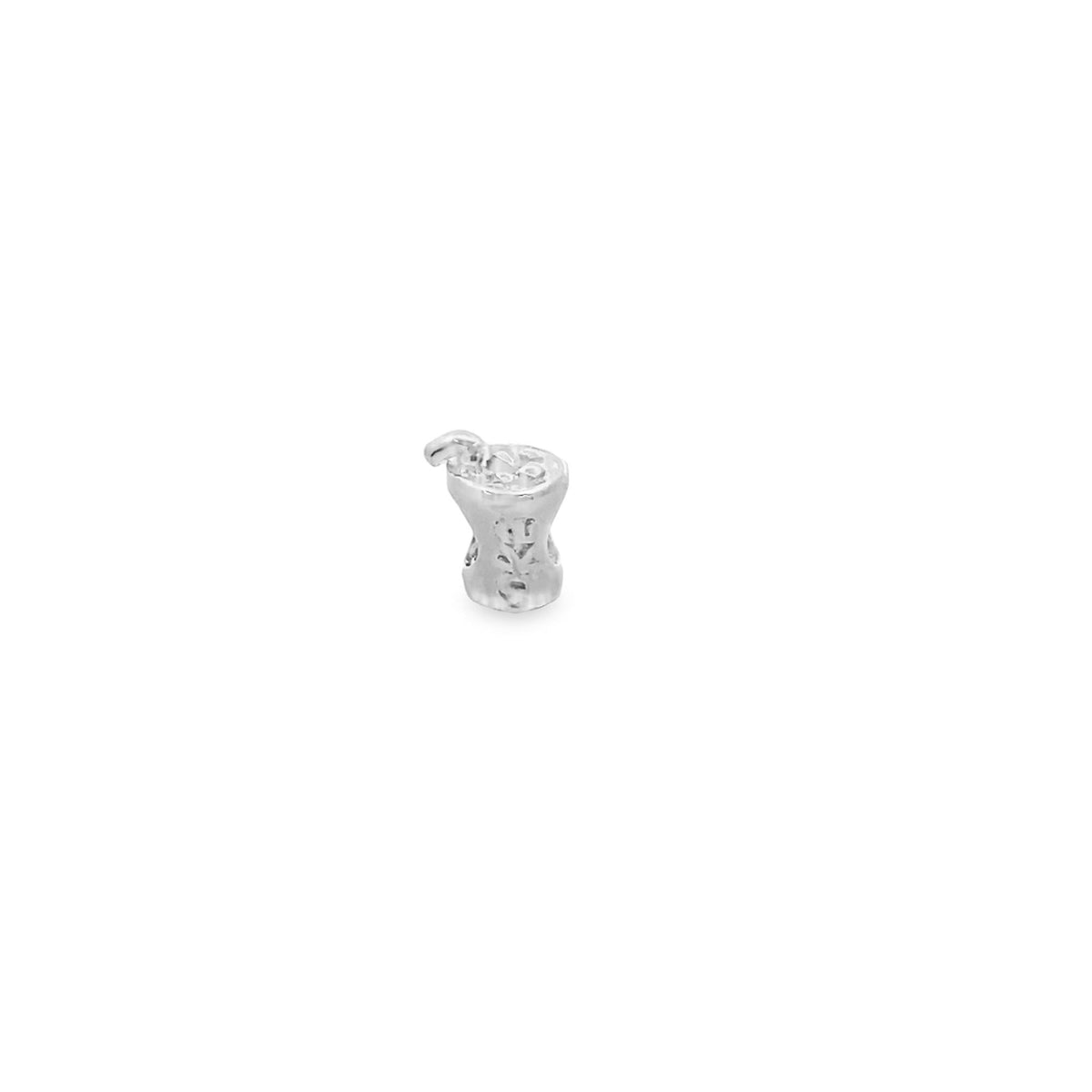 A miniature silver cocktail glass charm features detailed ice cubes and a tiny straw.