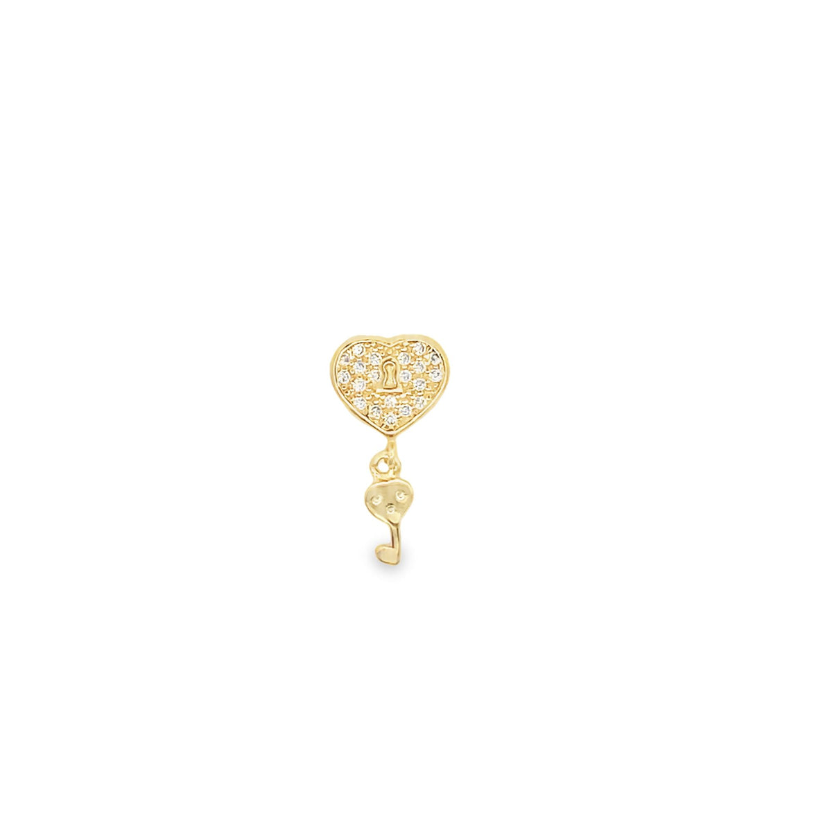 A gold heart padlock earring embellished with sparkling cubic zirconia stones dangles a matching key charm.