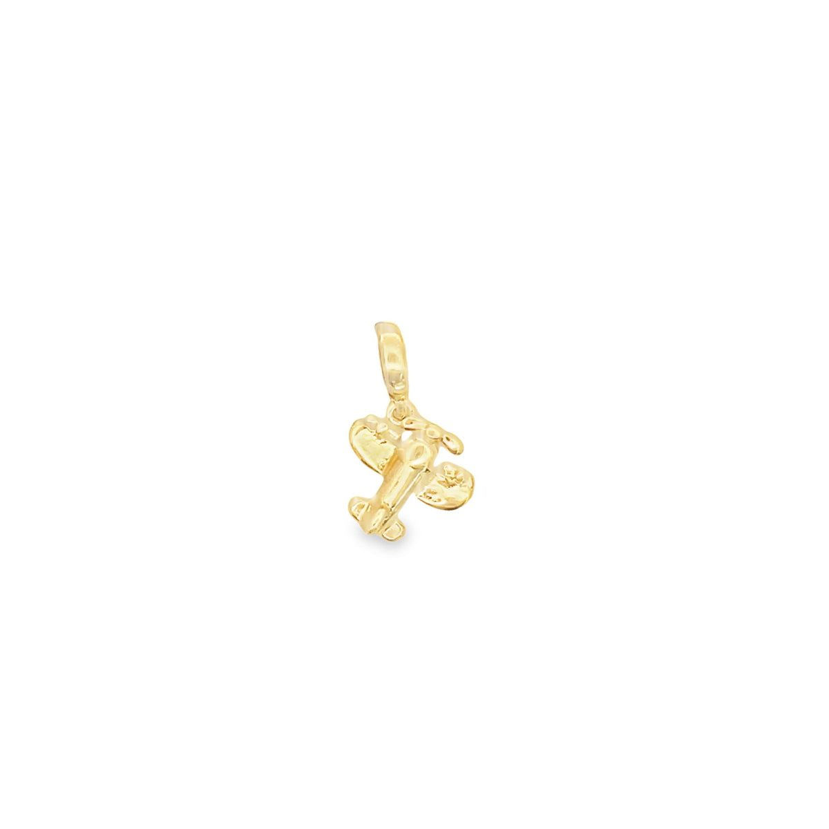 A shiny gold airplane charm hangs against a clean white background.