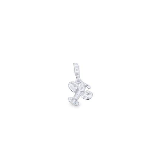 A delicate sterling silver airplane charm hangs against a clean white background.