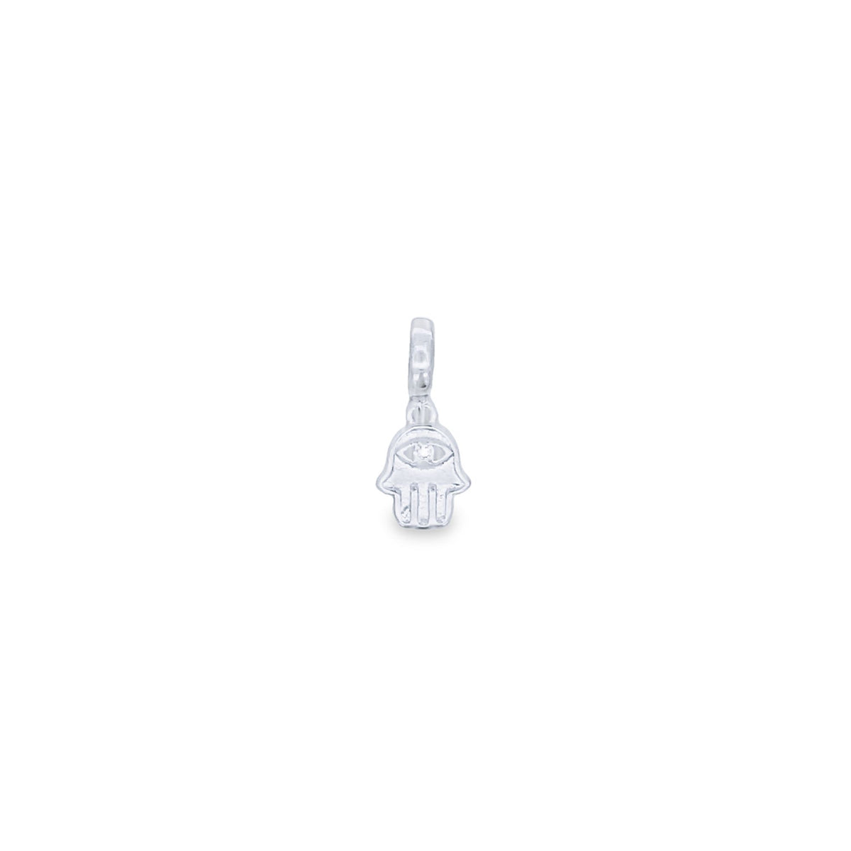 A delicate silver hamsa hand charm features a central diamond accent against a plain white background.