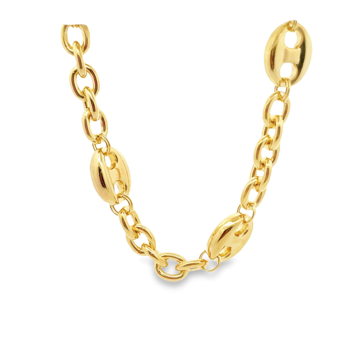 A polished gold mariner link necklace curves against a white background.