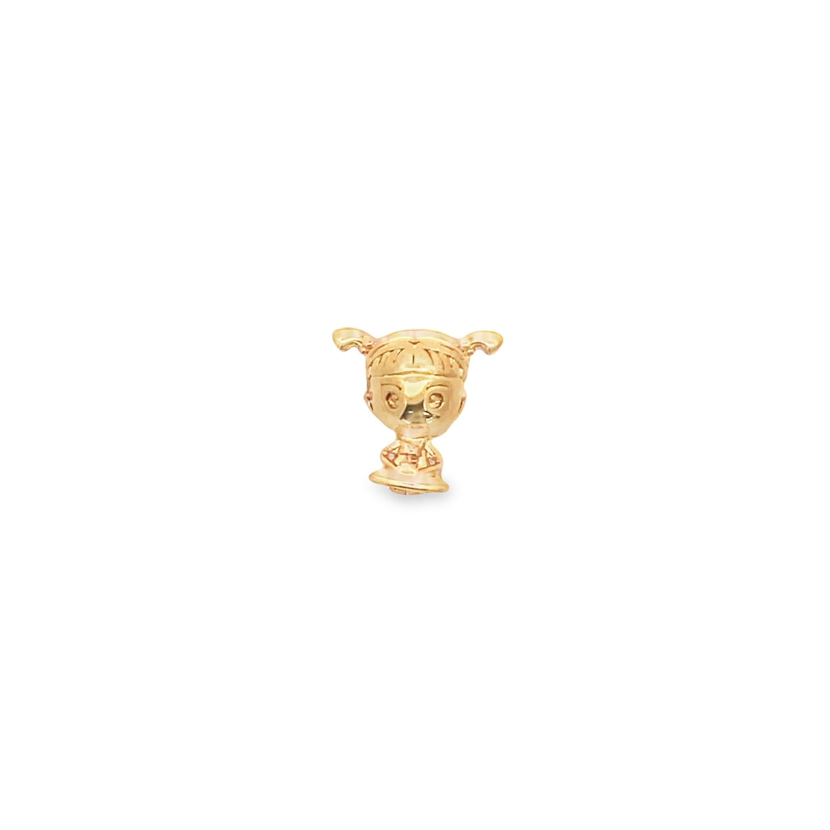 A gold pendant shaped like a cute cartoon girl with pigtails stands against a white background.