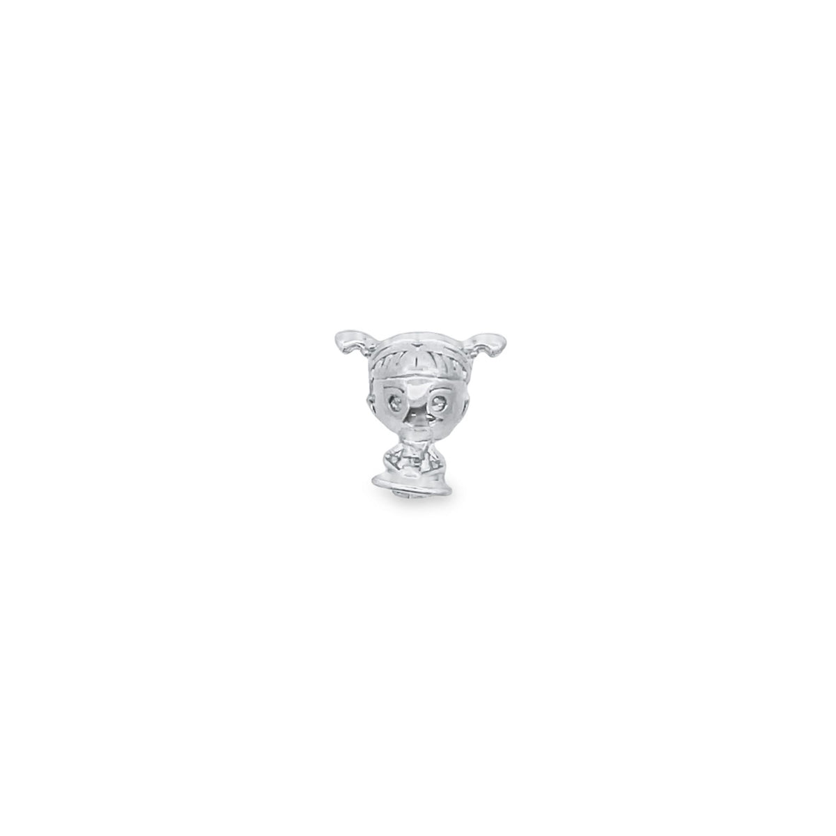 A silver charm shaped like Boo from Monsters, Inc. features her iconic pigtails and dress.