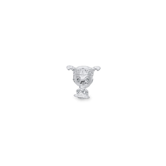 A silver charm shaped like Boo from Monsters, Inc. features her iconic pigtails and dress.