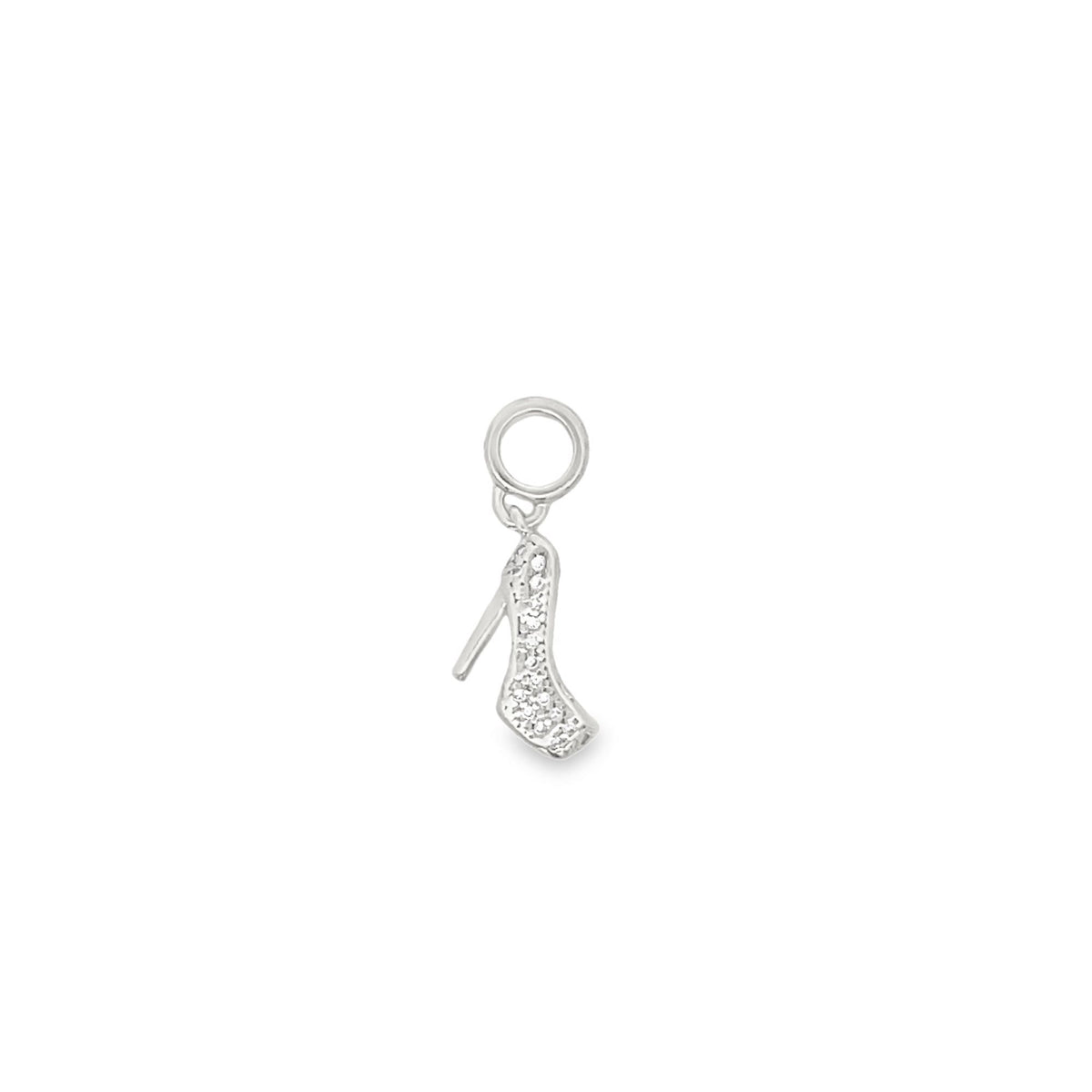 A sparkling silver high heel shoe charm dangles from a matching jump ring.