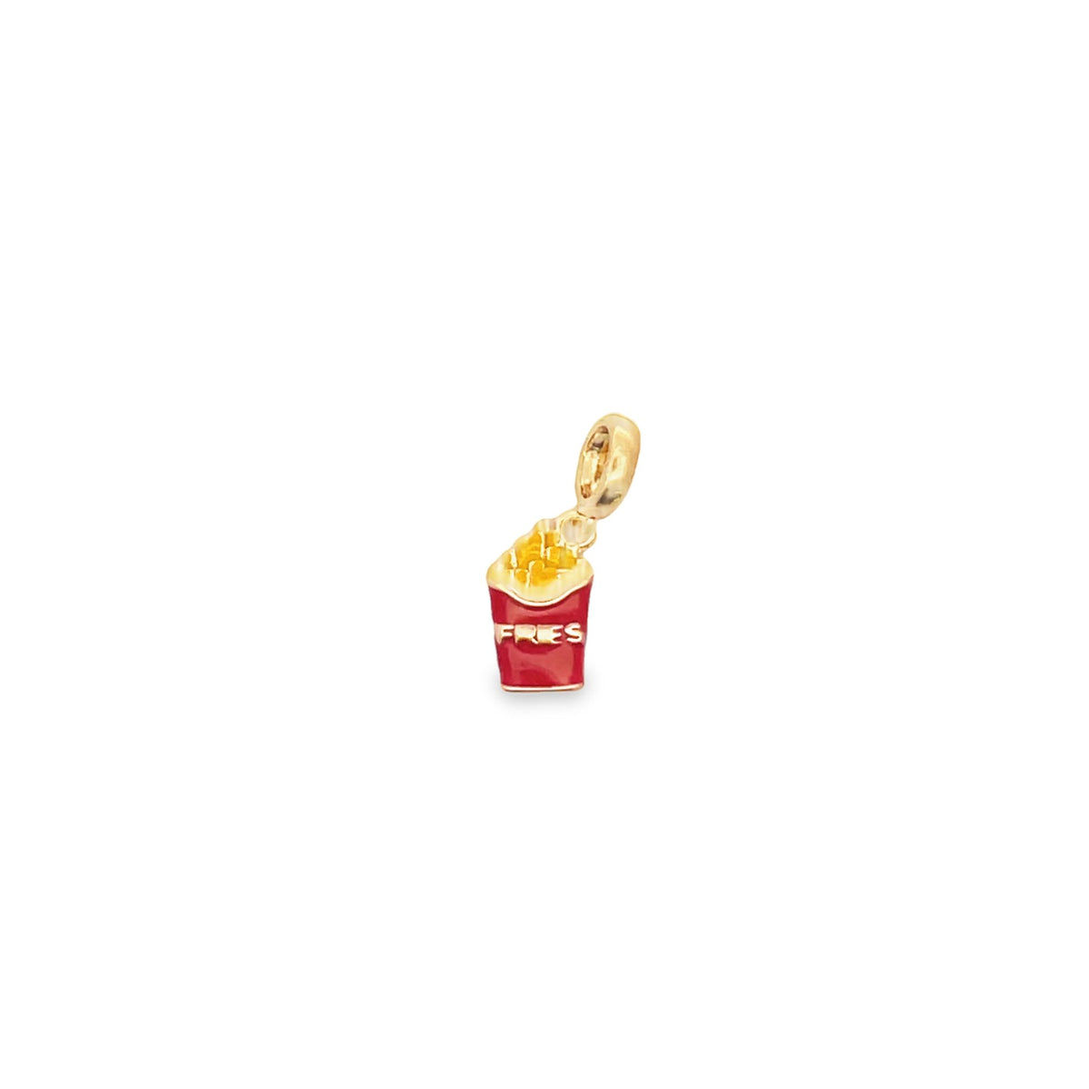 A gold charm shaped like a red fry carton filled with french fries sparkles against a white background.