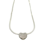 Rhodium 2mm Herringbone CZ Paved Heart Charm Necklace