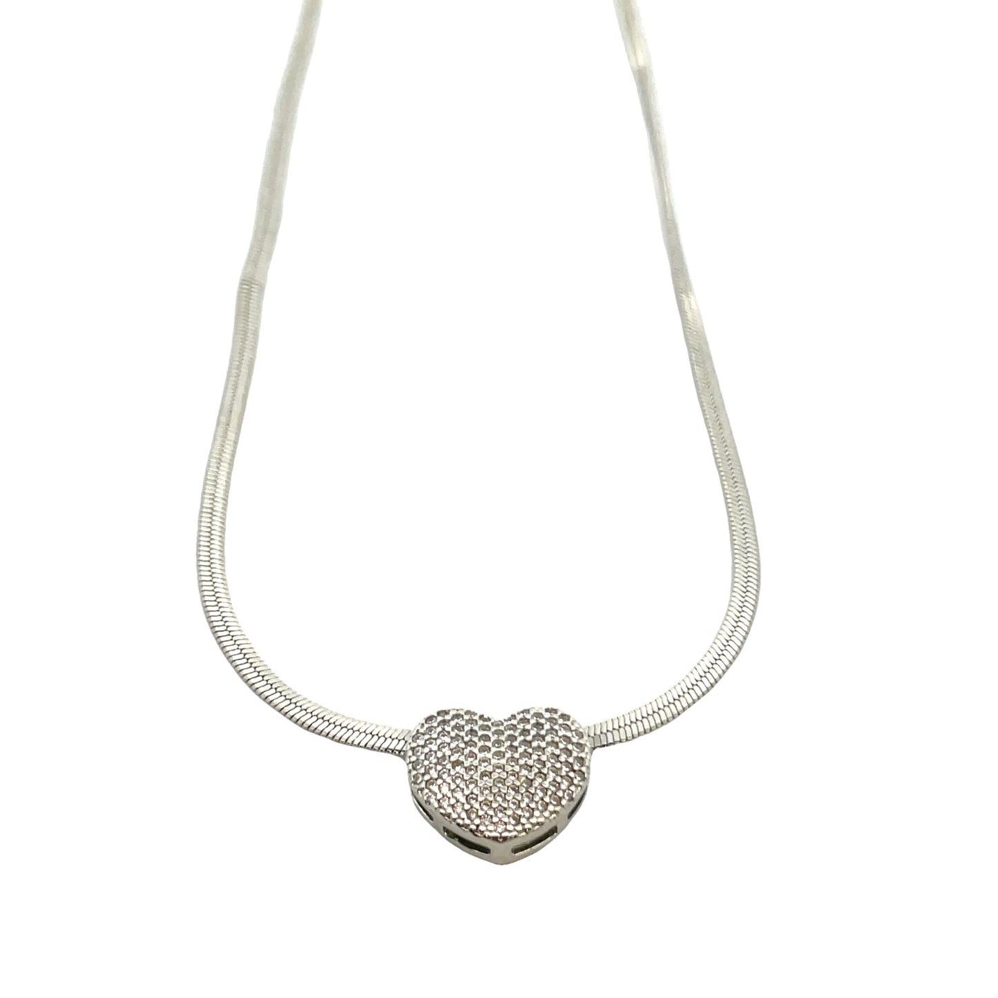 A sparkling, pavé-set diamond heart pendant dangles delicately from a sleek silver snake chain necklace.