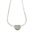 A sparkling, pavé-set diamond heart pendant dangles delicately from a sleek silver snake chain necklace.