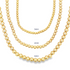 Three gold ball necklaces display ascending bead sizes labeled 3mm, 4mm, and 5mm.