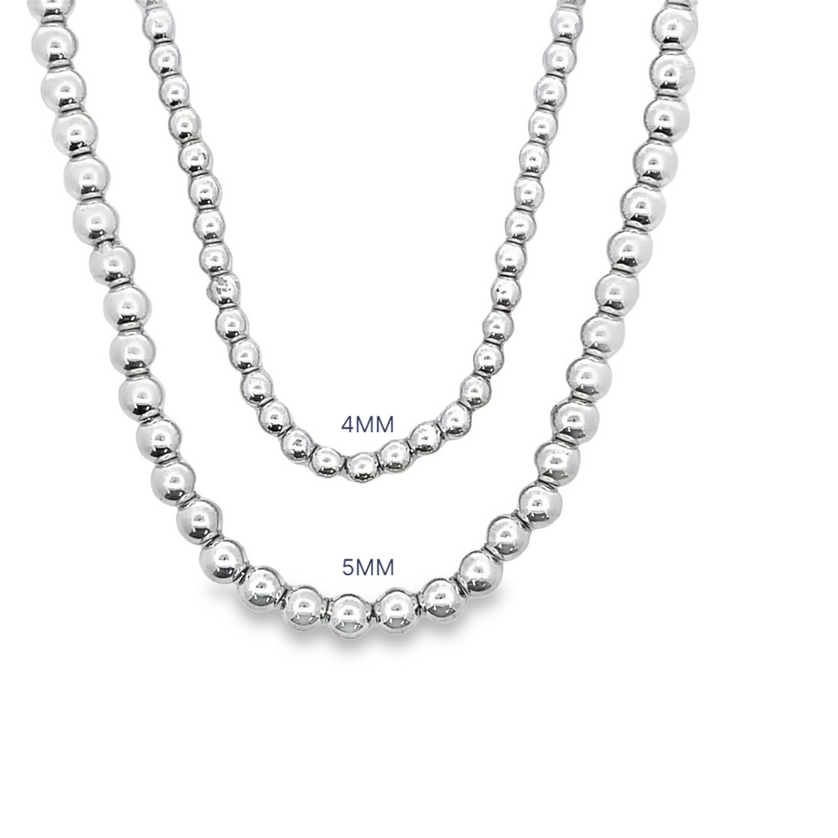 Two silver ball chain necklaces display bead sizes of 4mm and 5mm against a white background.
