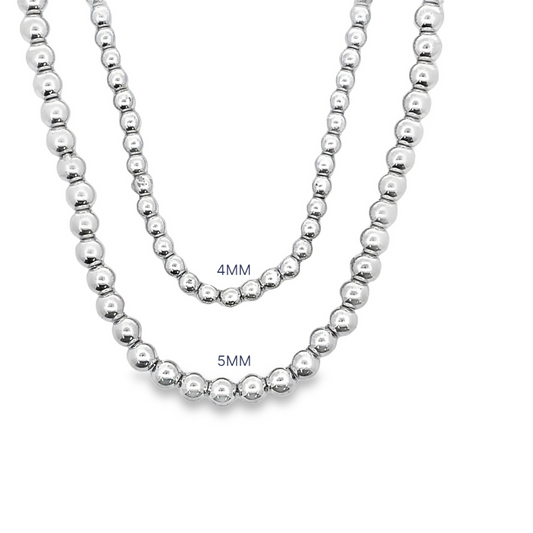 Two silver ball chain necklaces display bead sizes of 4mm and 5mm against a white background.