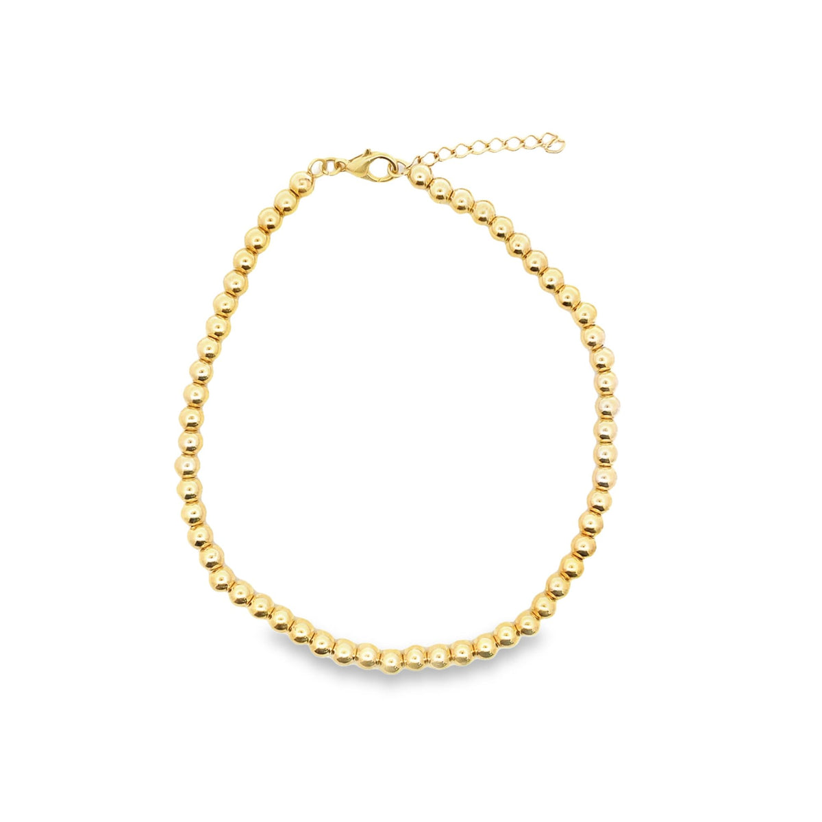 A shiny gold beaded necklace displays a smooth spherical design with an adjustable chain clasp against a white background.